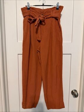 Madewell Wide-Leg Pleated Linen Blend Pants in Rust Orange with Tie Belt